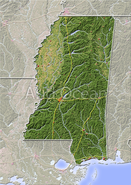 Mississippi, shaded relief map.