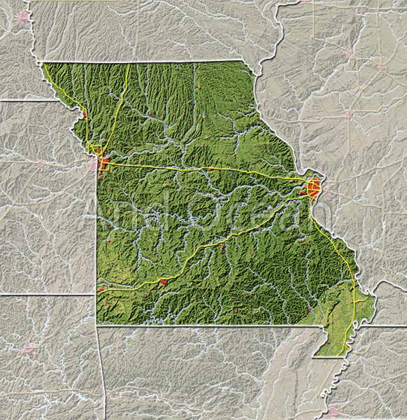 Missouri, shaded relief map.