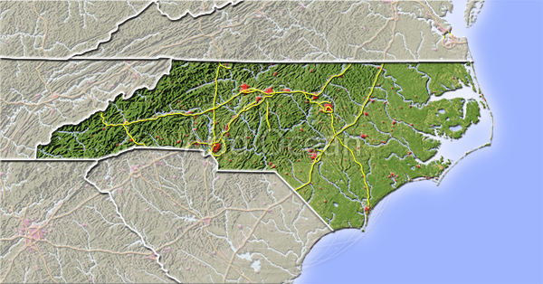 North Carolina, shaded relief map.