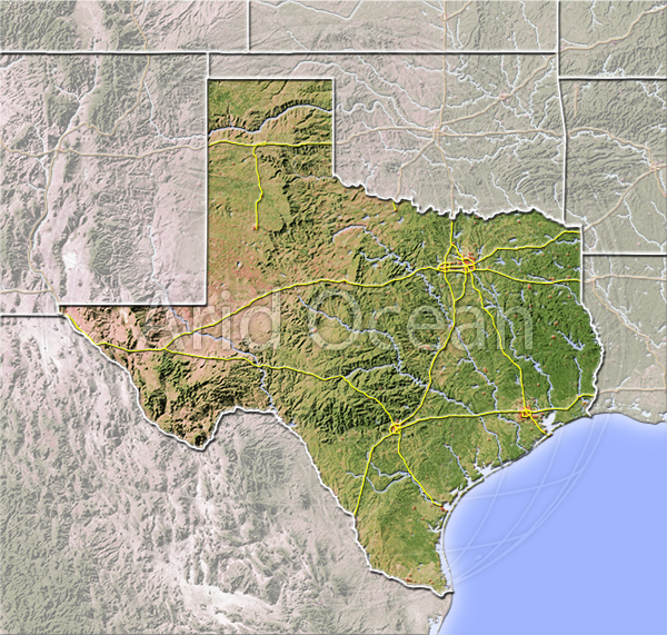 Texas, shaded relief map.