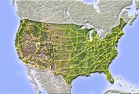 USA, shaded relief map with interstate highways.