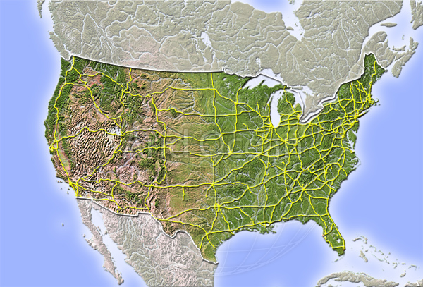 USA, shaded relief map with interstate highways.