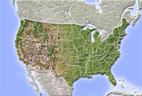 USA, shaded relief map with state borders.