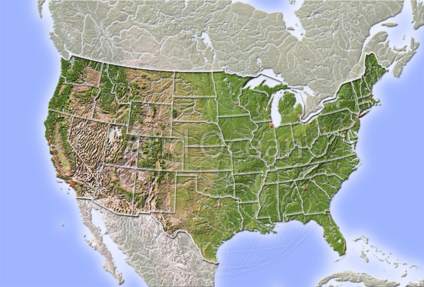 USA, shaded relief map with state borders.