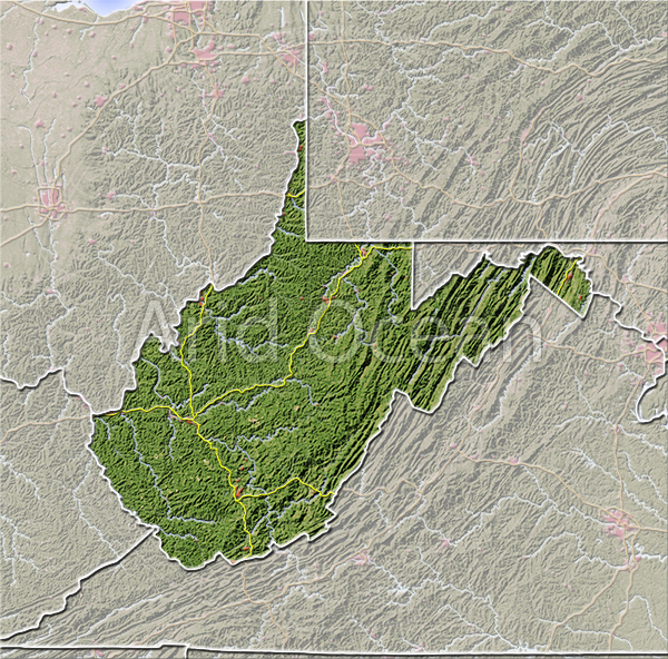 West Virginia, shaded relief map.
