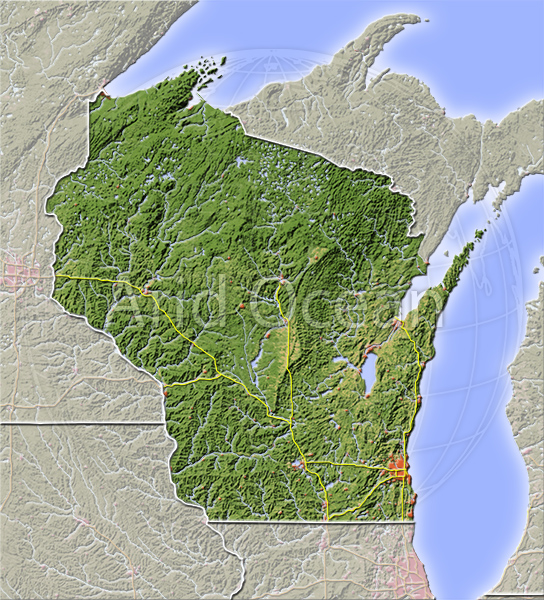 Wisconsin, shaded relief map.