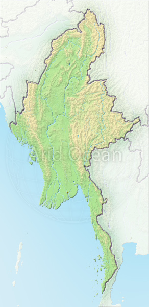 Myanmar, shaded relief map.
