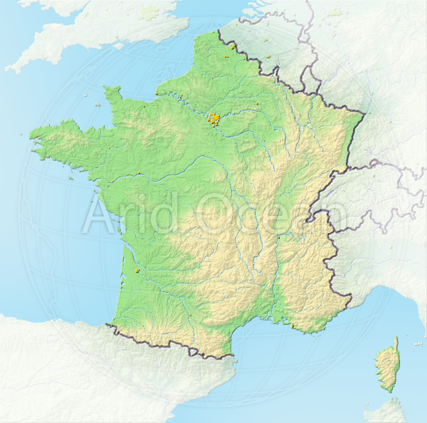 France, shaded relief map.