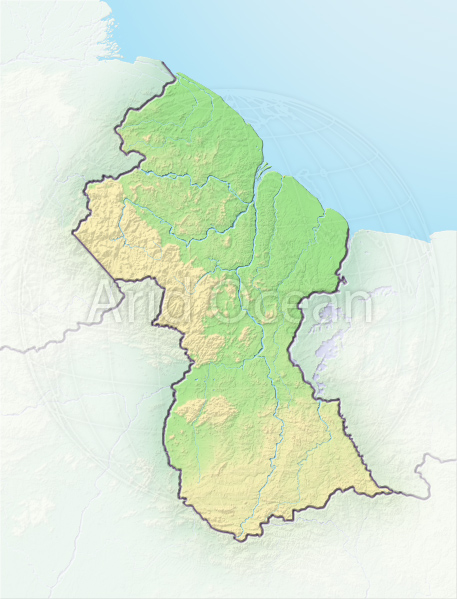 Guyana, shaded relief map.