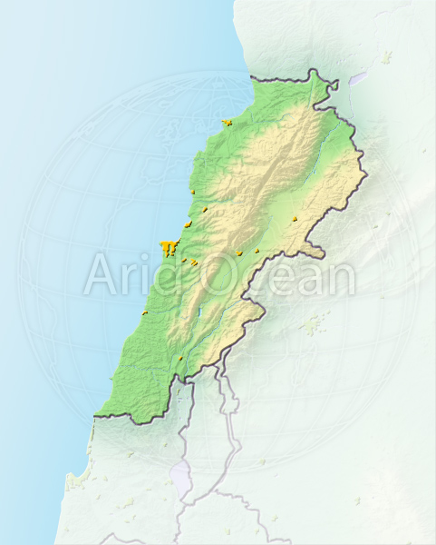 Lebanon, shaded relief map.