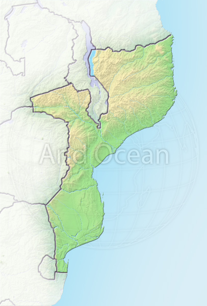 Mozambique, shaded relief map.