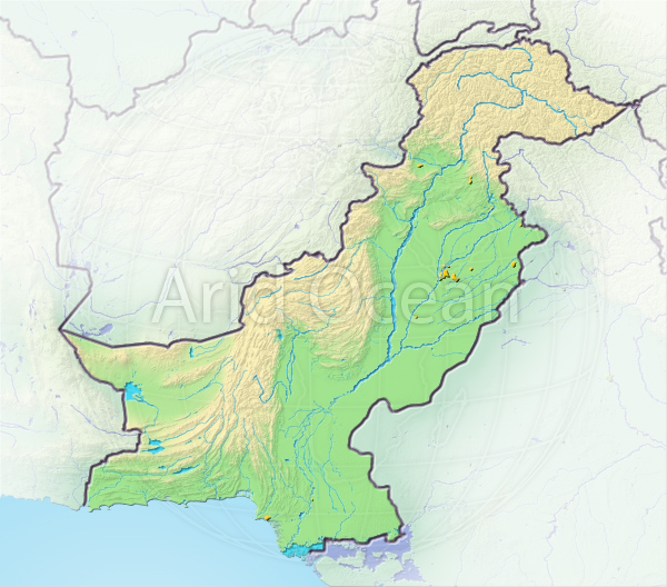 Pakistan, shaded relief map.