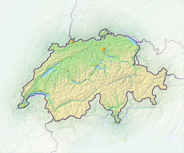 Switzerland, shaded relief map.