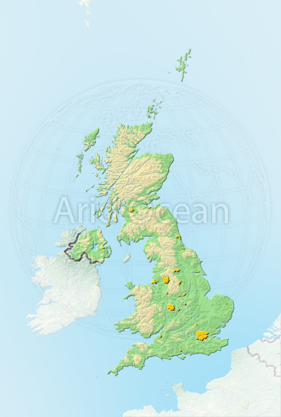 United Kingdom, shaded relief map.