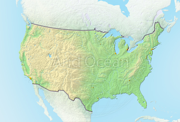 United States, shaded relief map.
