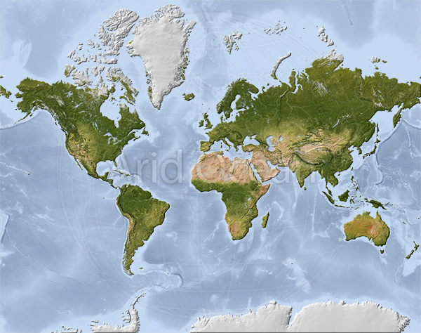 World Mercator map with shaded relief and ocean depth colors