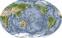 World map, shaded relief with ocean floor, cented on the Pacific.