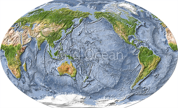 World map, shaded relief with ocean floor, cented on the Pacific.