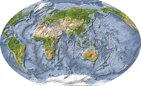 World map, shaded relief with ocean floor, centered on India.